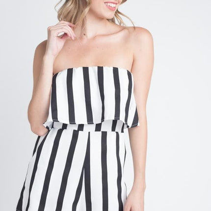 Women's Strapless Stripe Pocket Romper