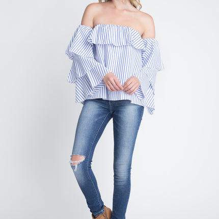 Women's Off Shoulder Stripe Ruffle Long Sleeve Top