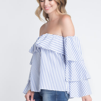 Women's Off Shoulder Stripe Ruffle Long Sleeve Top