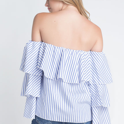 Women's Off Shoulder Stripe Ruffle Long Sleeve Top