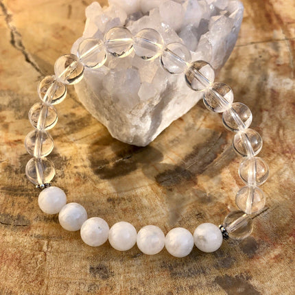 Rainbow Moonstone & Crystal Quartz Stretch Bracelet! Genuine Crystals!