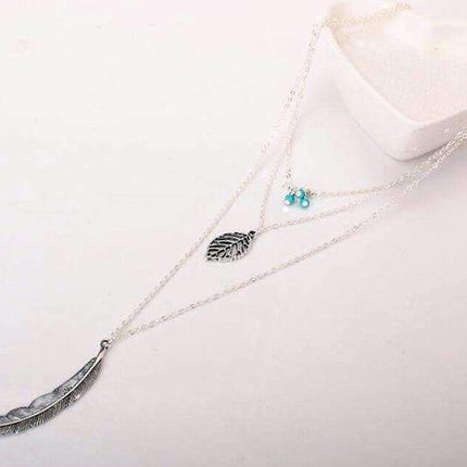 Turquoise Leaf Feather Multi Layer Necklace